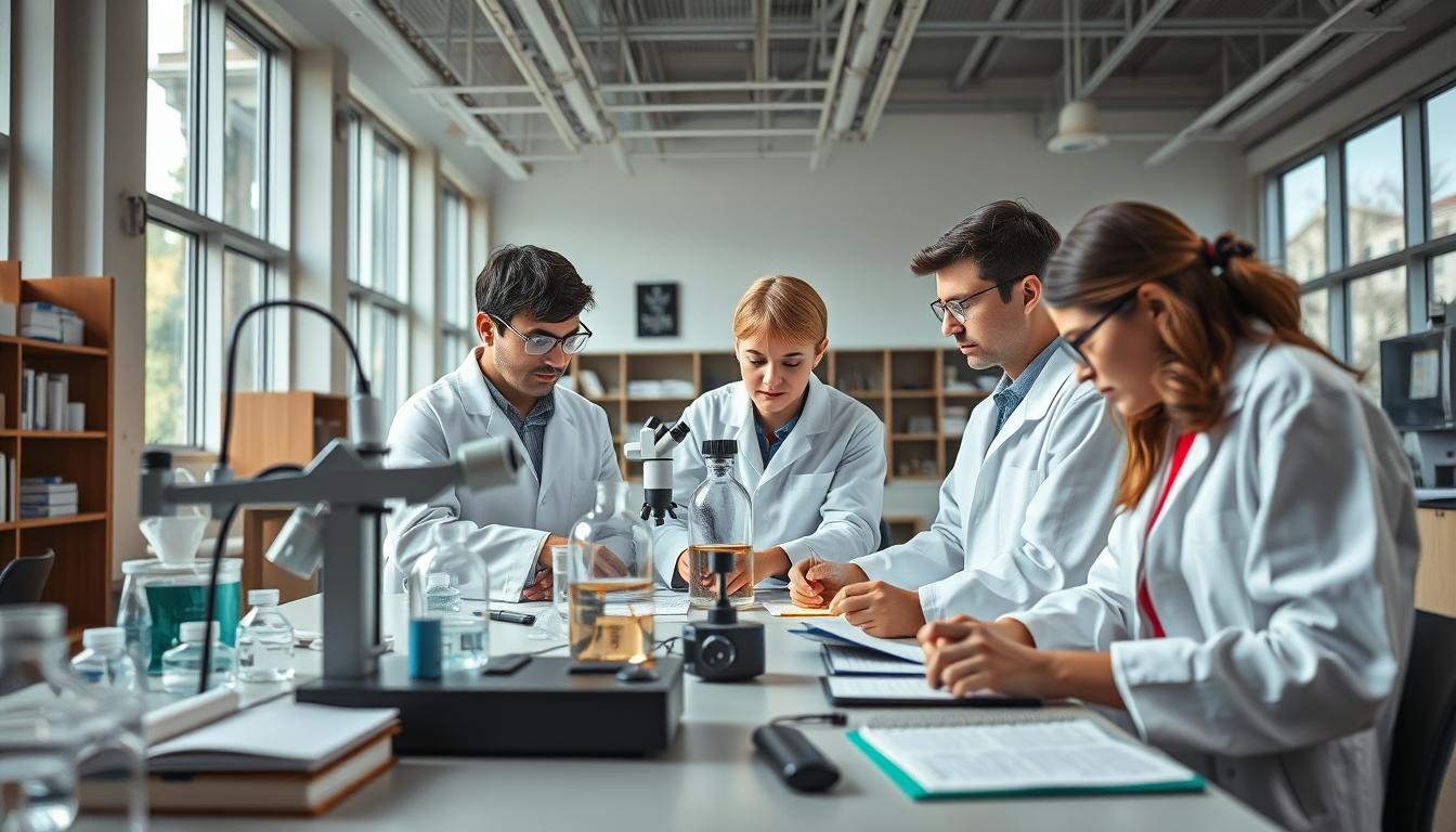 Students studying together in modern classroom